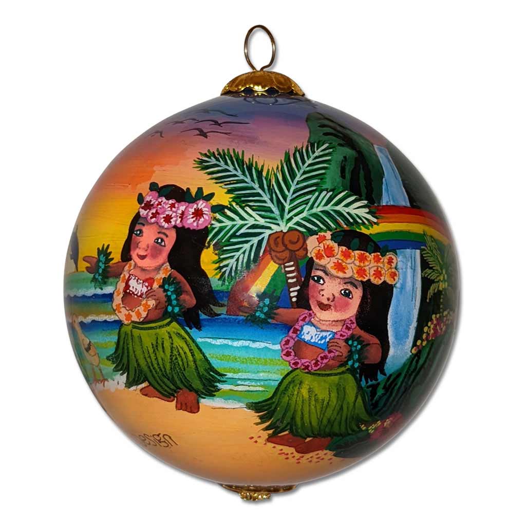 Little Hawaiian Hula girls at the sunset ocean hand painted from the inside in this glass Hawaii Christmas ornament