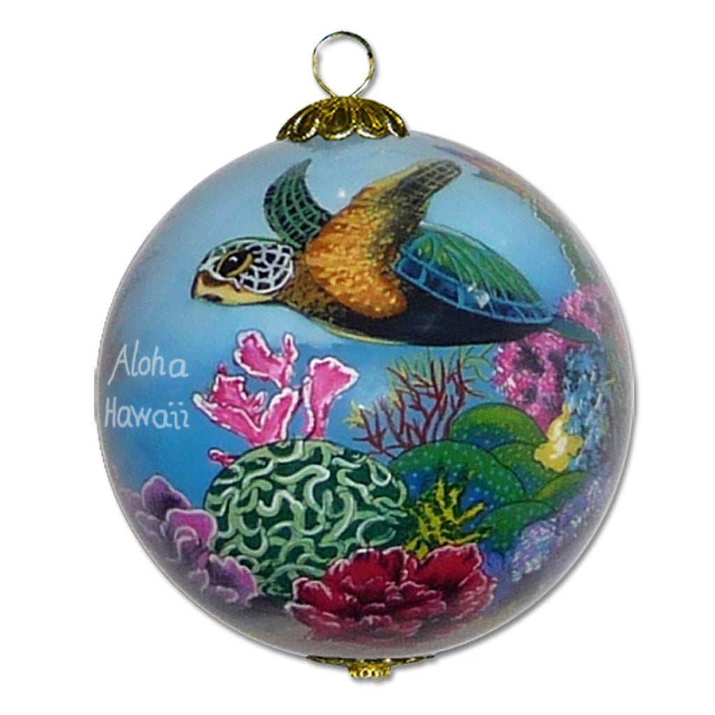 Hand painted Hawaii Christmas ornament with honu sea turtles