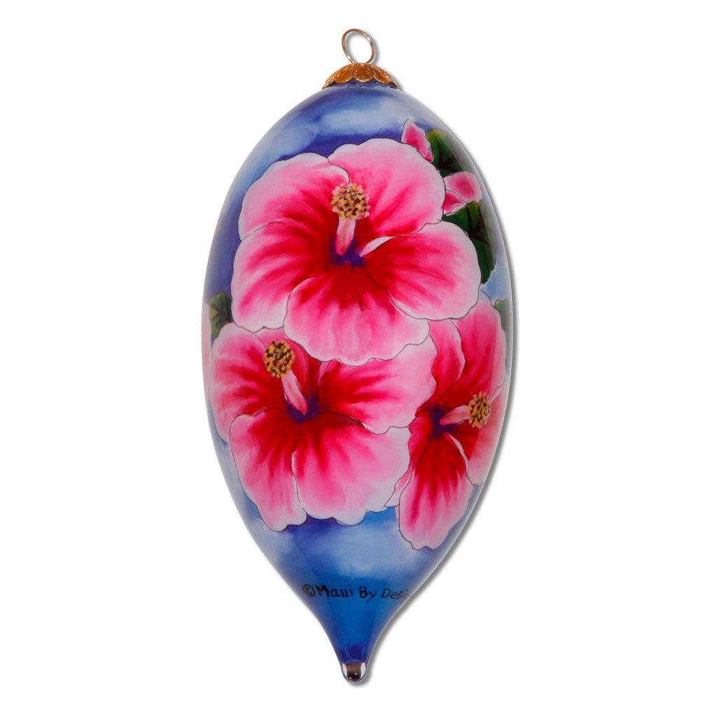 Hawaiian Christmas ornament with fuchsia hibiscus flowers