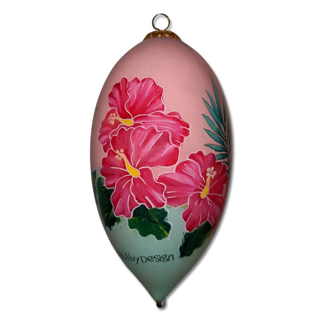 Green and Pink Hibiscus Hawaiian Christmas Ornament