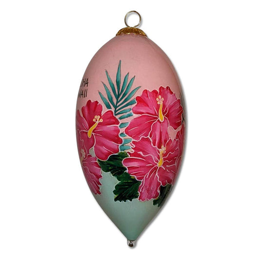 Green and Pink Hibiscus Hawaiian Christmas Ornament