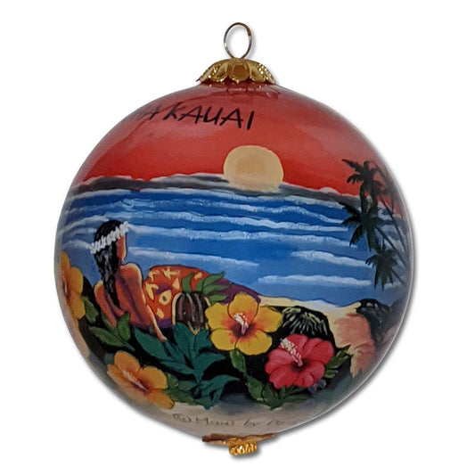 Hawaiian Christmas ornament with beautiful wahine enjoying the sunset