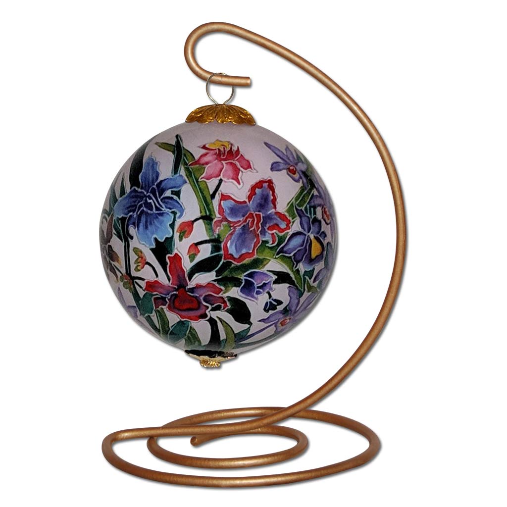 Hawaii Christmas ornament with orchids on a stand