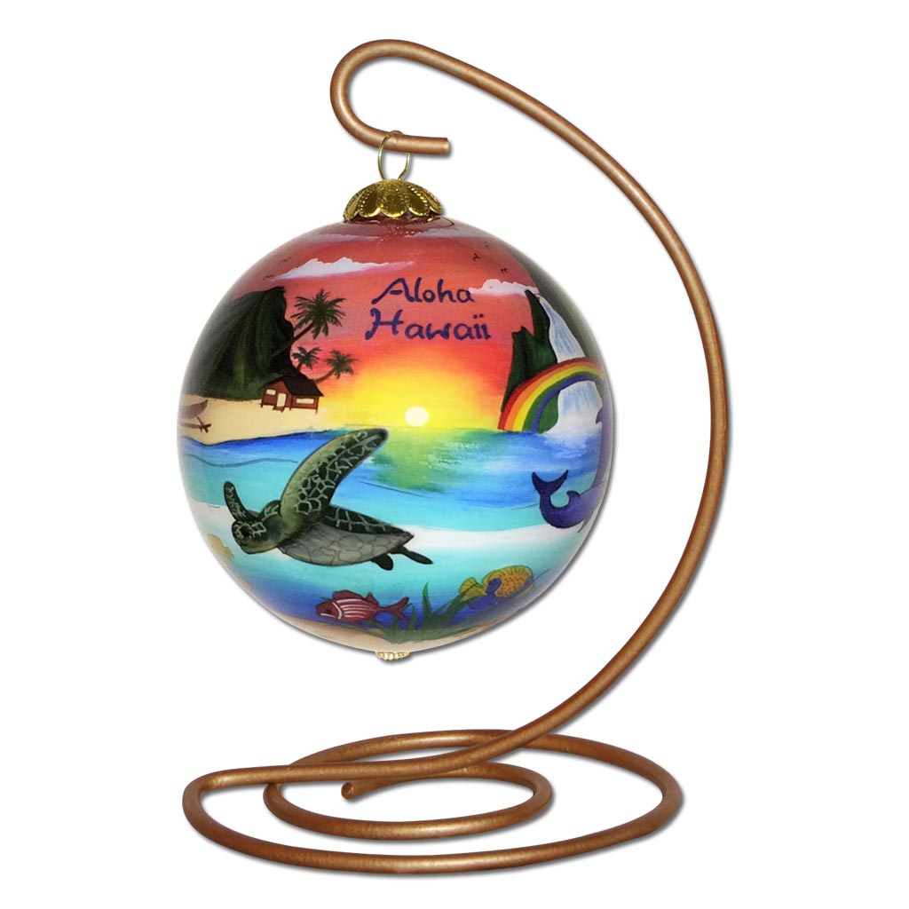 Beautiful hand painted Hawaiian Christmas ornament on a stand