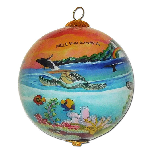 Hawaii Christmas ornament with honu sea turtles, humpback whales and tropical fish