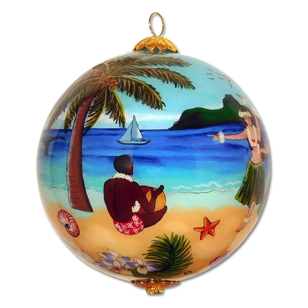Hand painted Hawaii ornament with hula girls and canoe