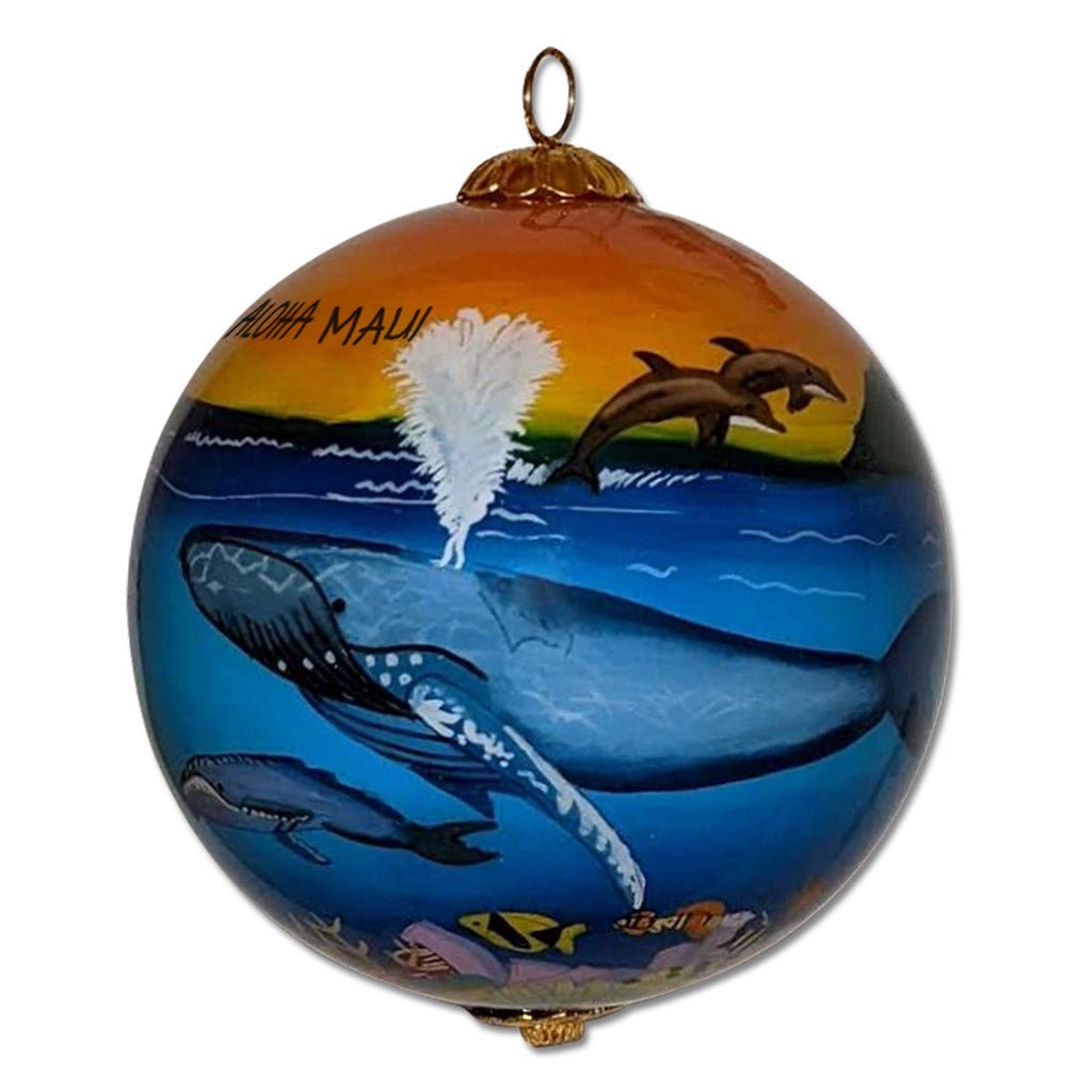 Humpback Whales, Dolphins and Honu Hawaiian Christmas Ornament