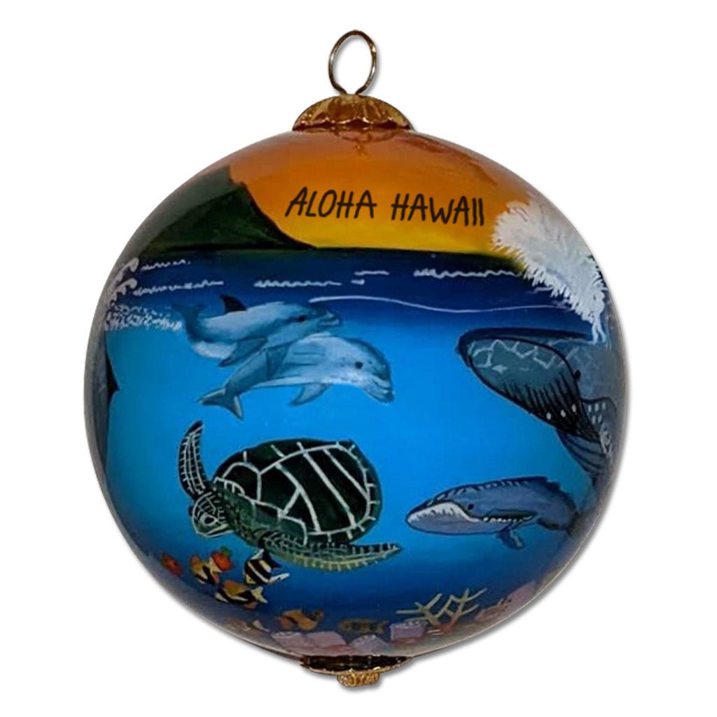 Humpback Whales, Dolphins and Honu Hawaiian Christmas Ornament