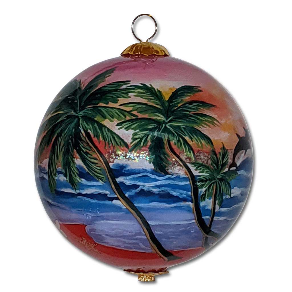 Hand painted Hawaiian Christmas ornament with palm trees and dolphins