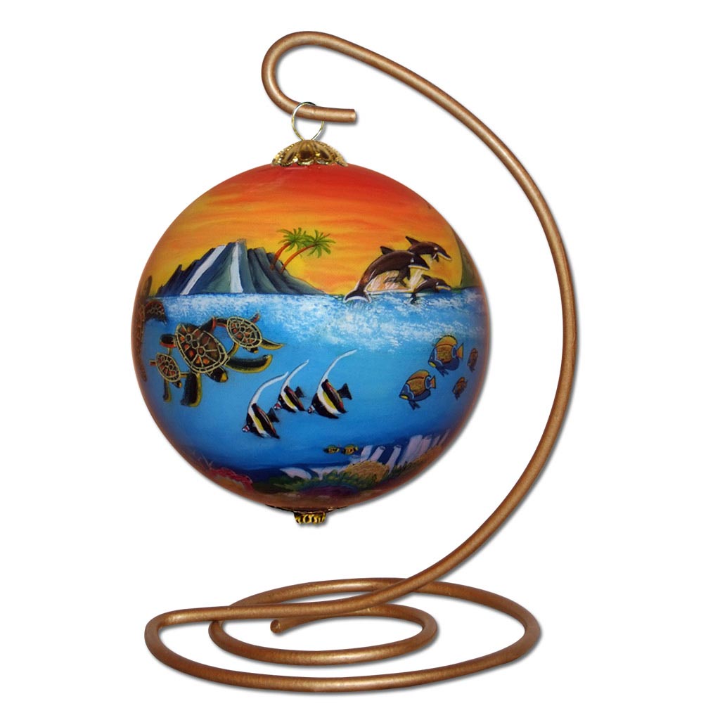 Hawaiian Christmas ornament on a decorative stand