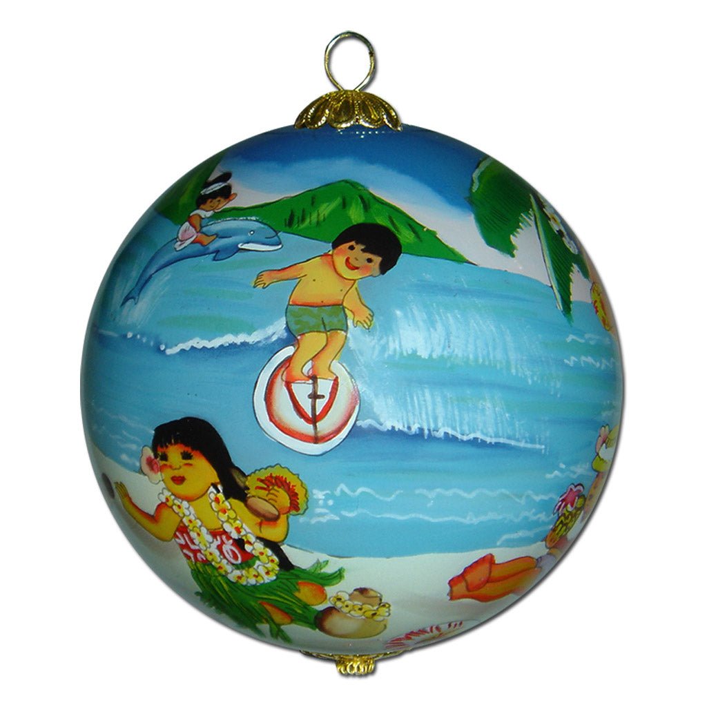 Beautiful Hawaii Christmas ornament with children surfing and jumping dolphins