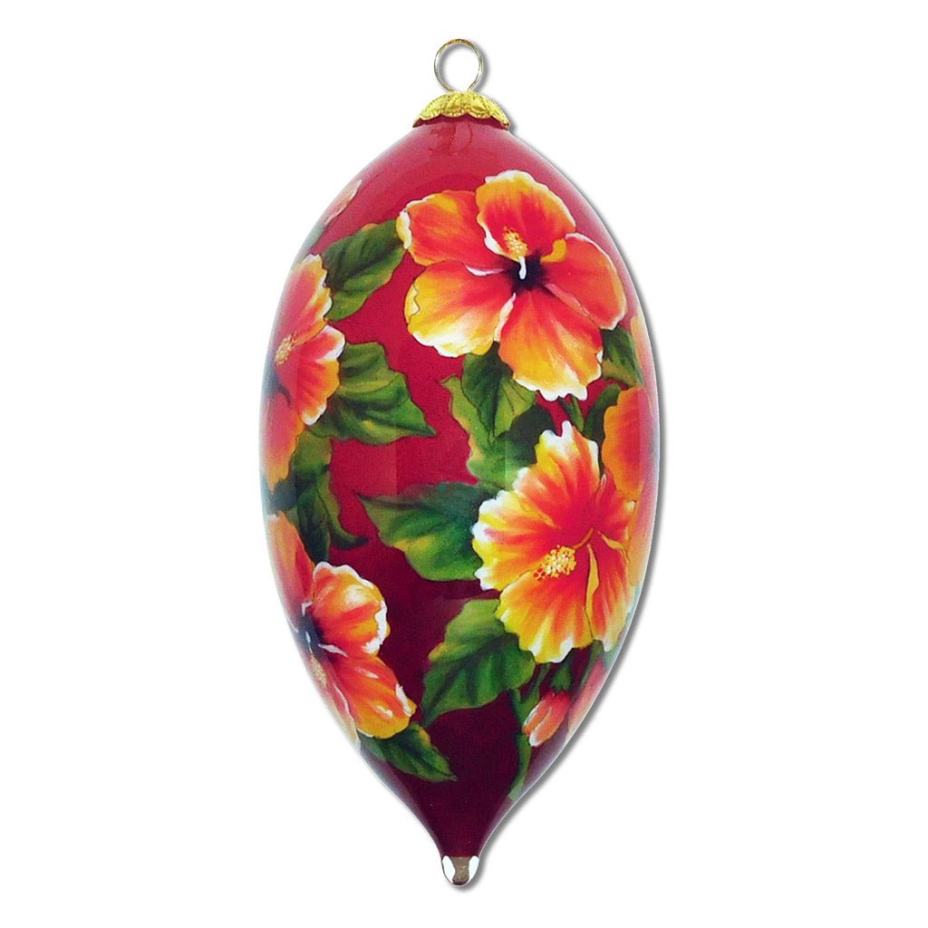 Beautiful Hawaiian Christmas ornament with red orange Hibiscus flowers and blossoms