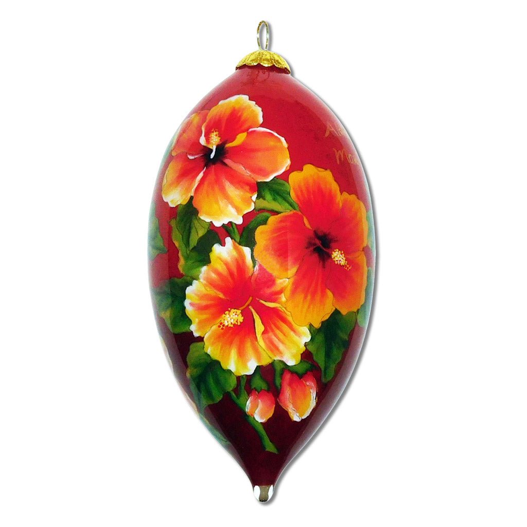 Beautiful Hawaii Christmas ornament hand painted with red orange Hibiscus flowers and blossoms