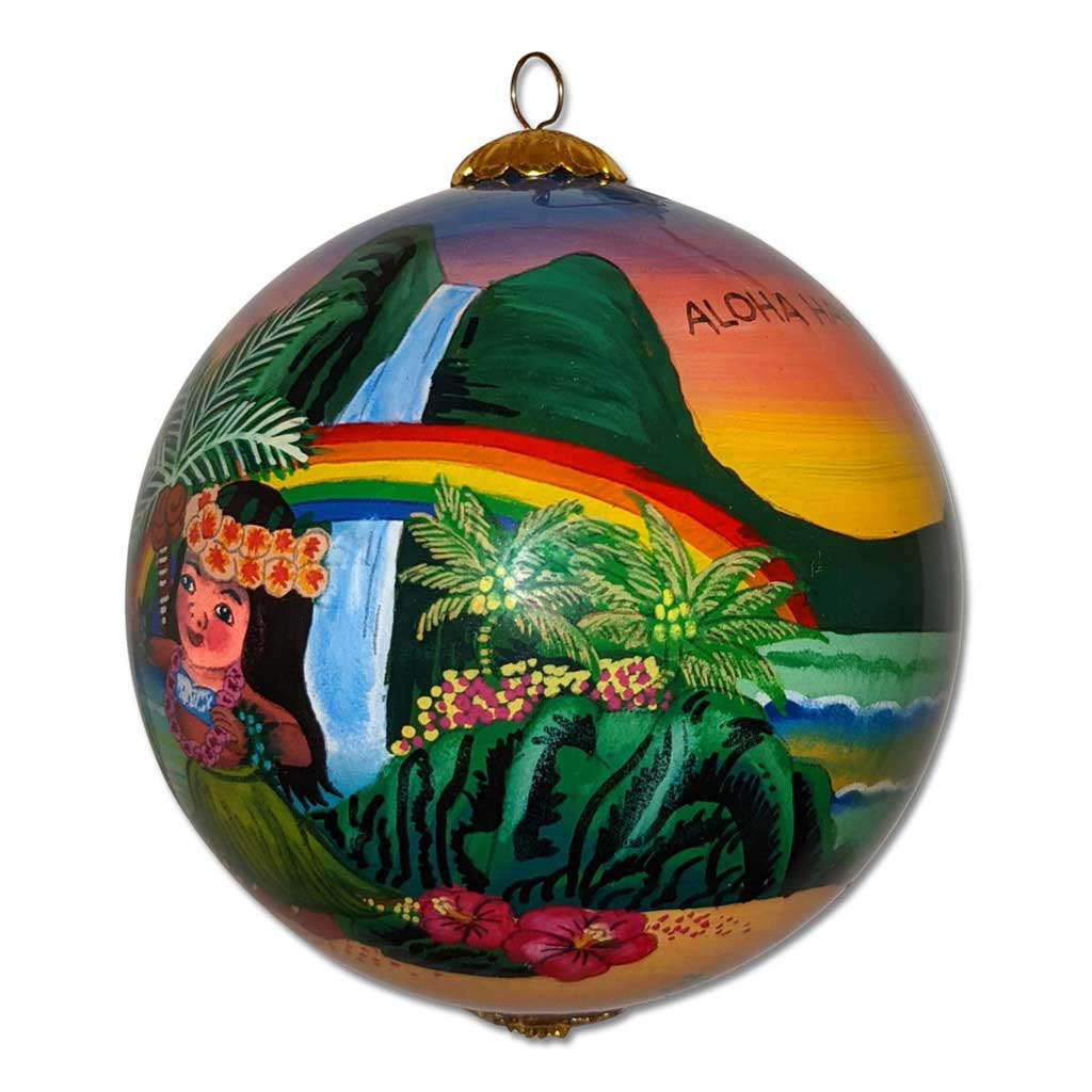 Hand painted glass Hawaiian ornament with waterfall, rainbow, sunset sky and much more