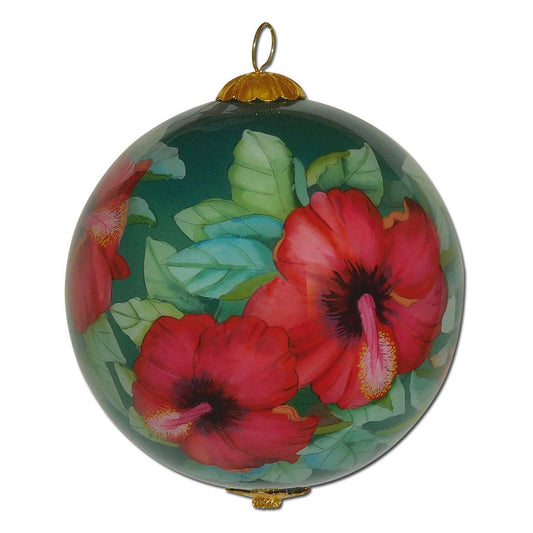 Beautiful Hawaiian ornament hand painted from the inside with red hibiscus flowers