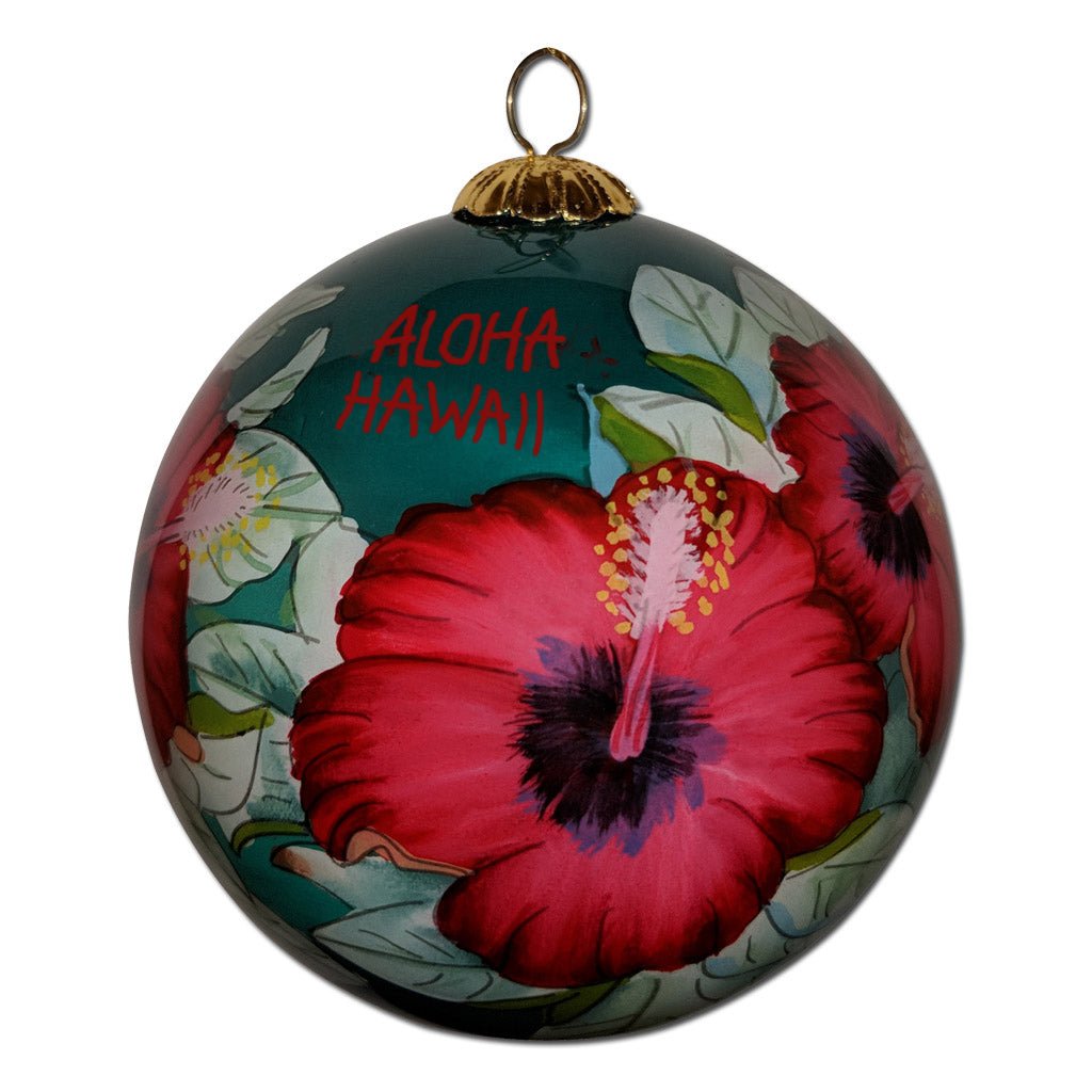 Stunning red hibiscus flowers, hand painted from the inside of this Hawaii ornament, will sparkle on your Christmas tree