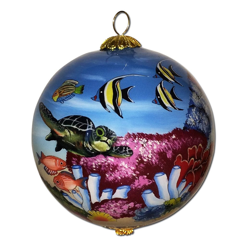 Hand painted Hawaii ornament painted on the inside with honu sea turtles and tropical fish