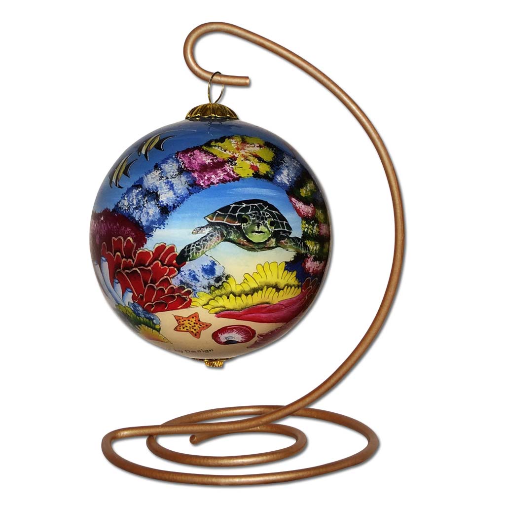 Beautiful hand painted Hawaii ornament with sea turtles on a stand