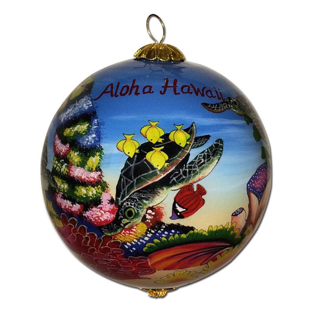 Hand painted Hawaii ornament showing with honu sea turtles amd tropical fish among corals