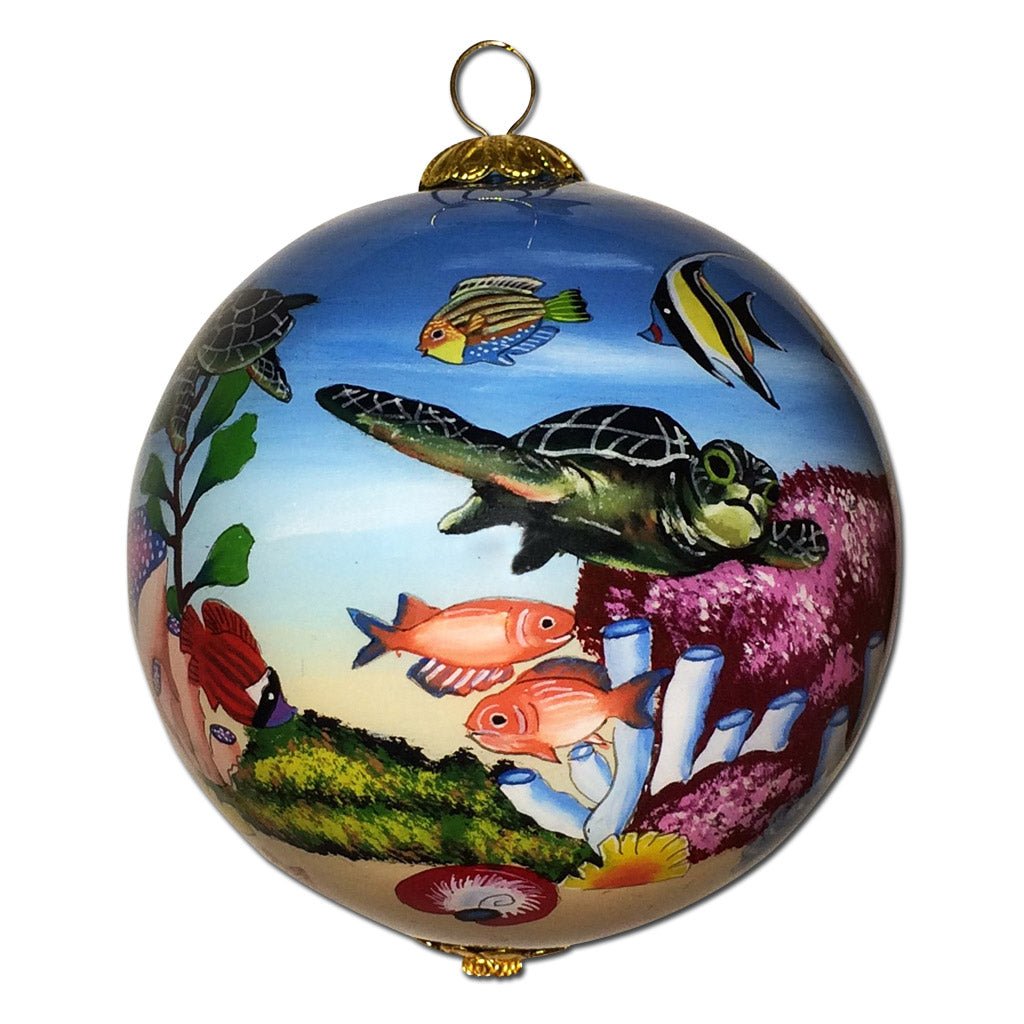 Beautiful Hawaiian Christmas ornament painted from the side with honu sea turtles, corals and tropical fish