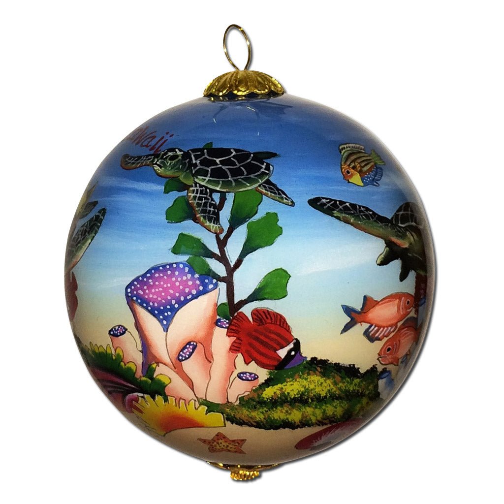 Beautiful Hawaiian ornament hand-painted from inside with honu sea turtles and tropical fish