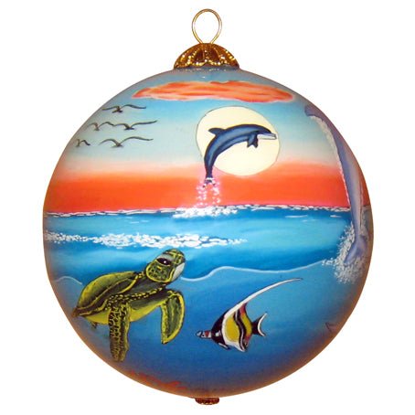 Beautiful hand painted Hawaiian Christmas ornament with dolphins, sea turtles and humpback whale