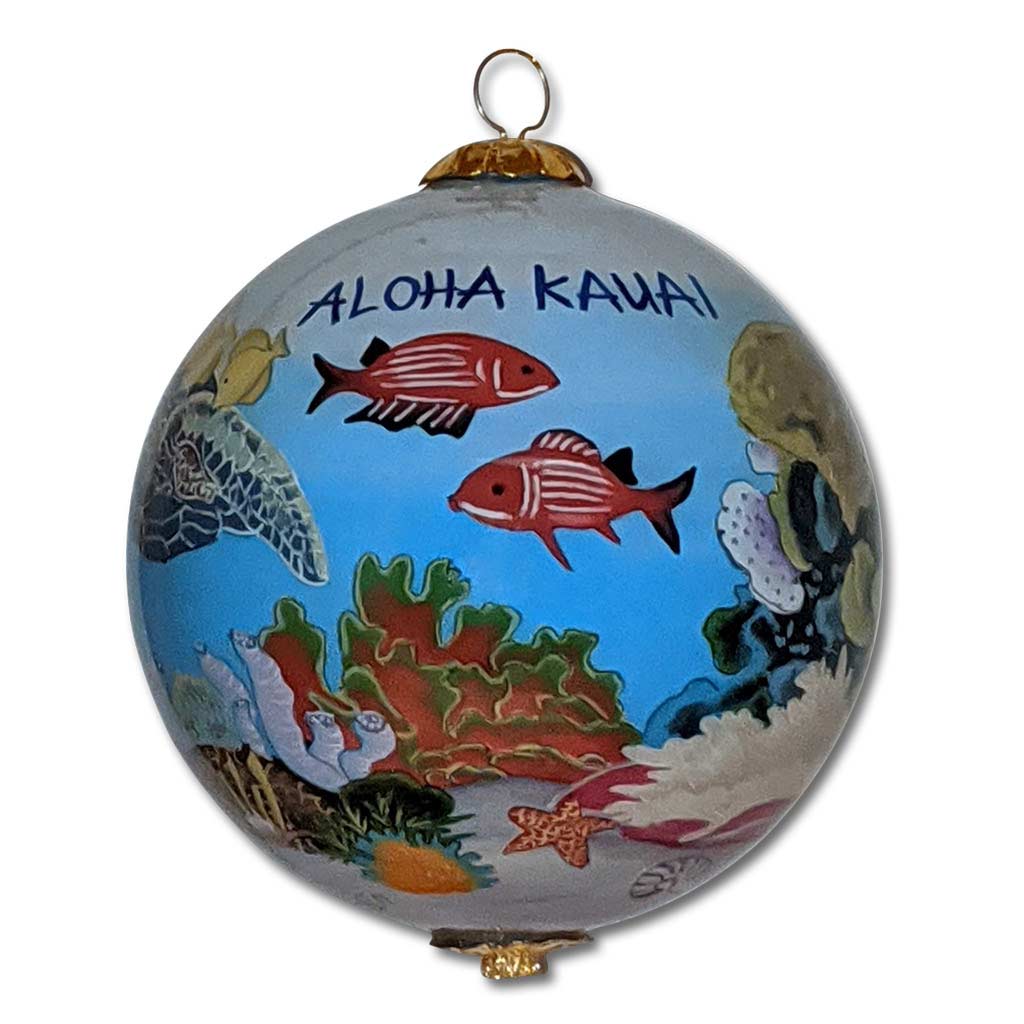 Hand painted Hawaiian ornament with tropical fish and honu sea turtle