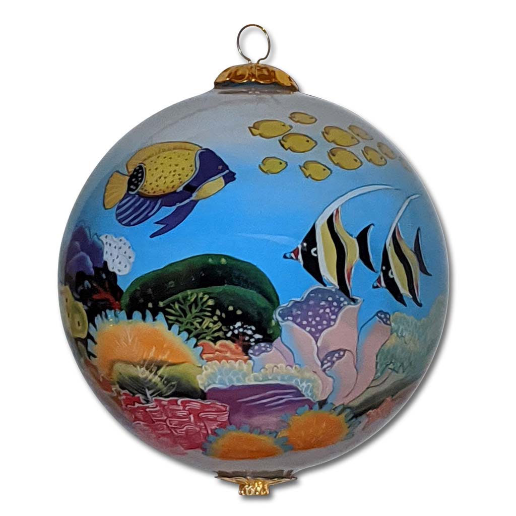 Hawaii Christmas ornament hand painted on the inside with honu sea turtles, corals and tropical fish
