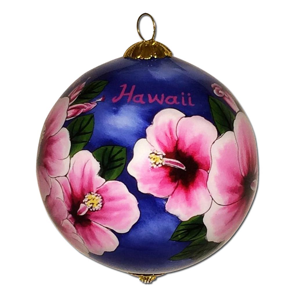 Hand painted Hawaiian Christmas ornament with fuchsia hibiscus flowers