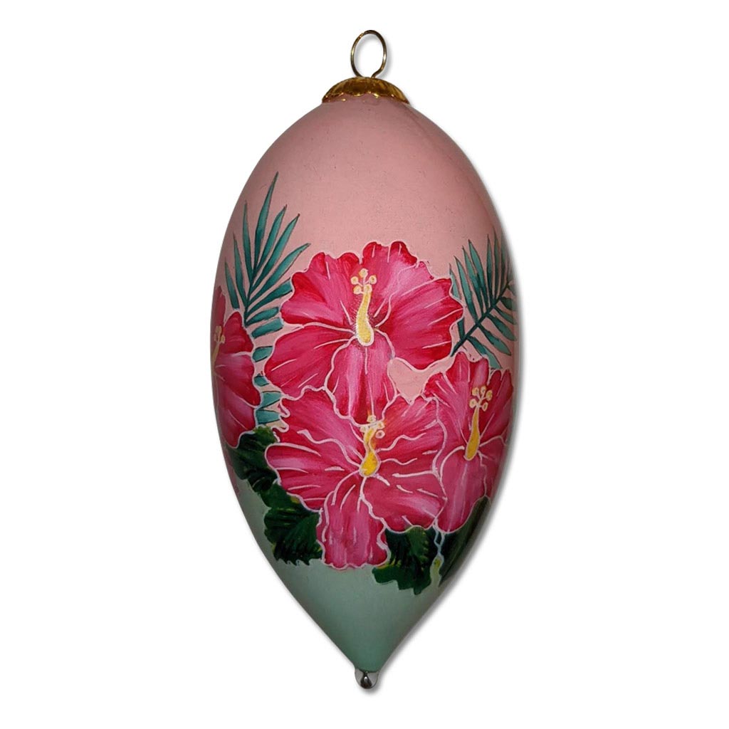 Green and Pink Hibiscus Hawaiian Christmas Ornament