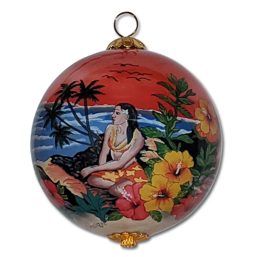 Beautiful Hawaii Christmas ornament with wahine enjoying the sunset and surrounded by hibiscus flowers