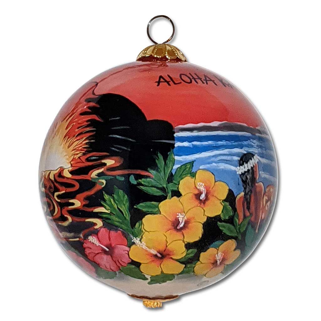 Hawaiian Christmas ornament hand painted with hibiscus flowers