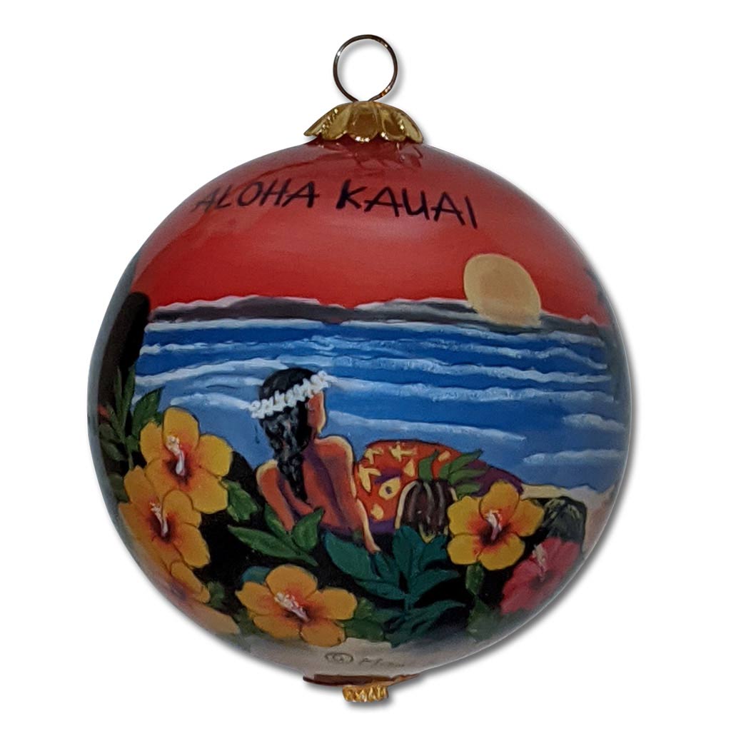 Hawaii Christmas ornament hand painted from the inside with wahine, sunset and hibiscus flowers