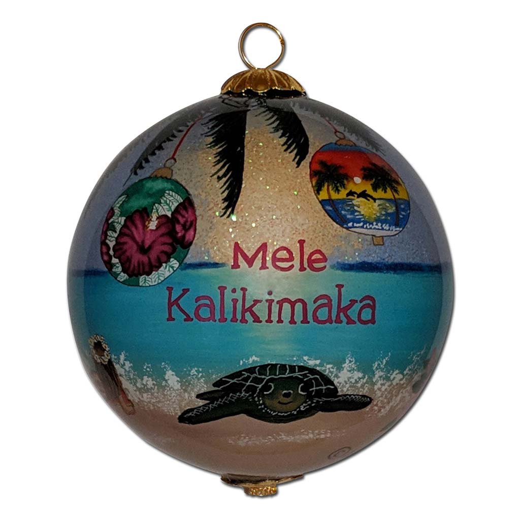 Hawaiian Christmas ornament with different Hawaiian ornaments hanging around and honu sea turtle