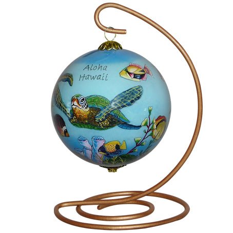 Hand painted Hawaiian Christmas ornament with sea turtle on a stand