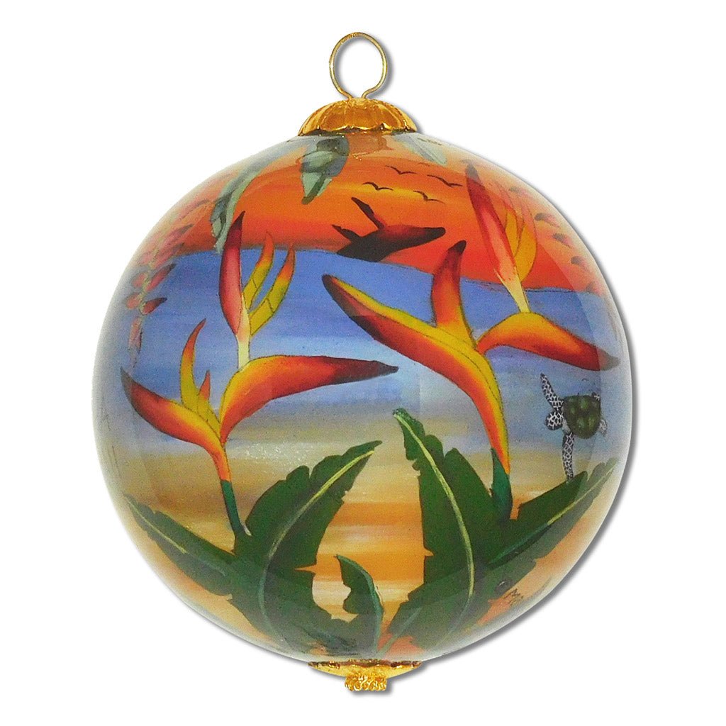 Beautiful hand painted Hawaii ornament with humpback whale, sea turtles and Bird of Paradise
