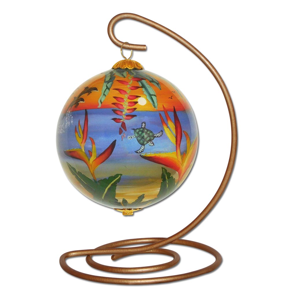 Hawaiian Christmas ornament with dolphins, sea turtles and Bird of Paradise on a stand