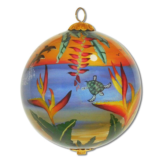 Hand painted Hawaii ornament with Bird of Paradise, sea turtles and dolphins