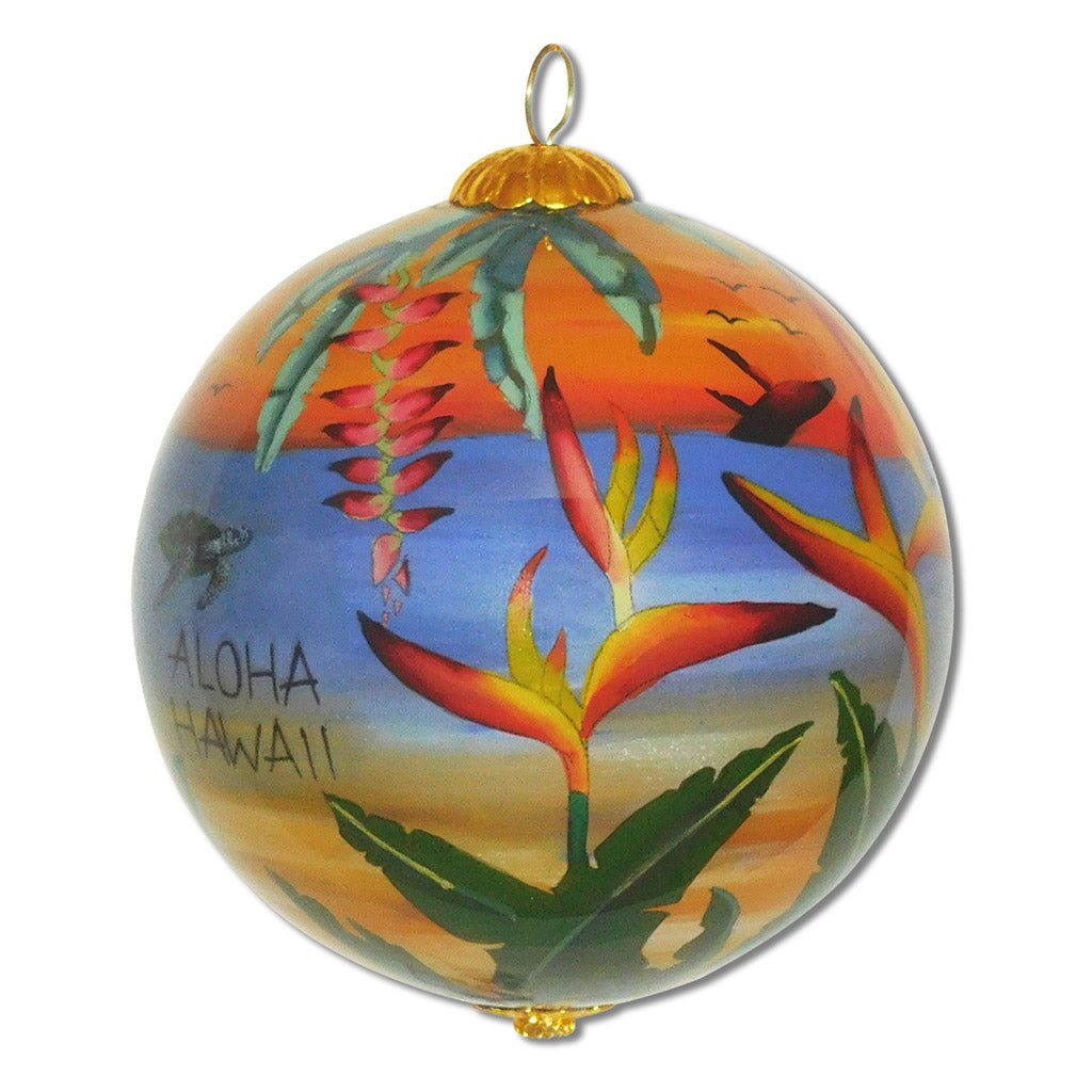 Hawaii ornament hand painted on the inside with humpback whale, sea turtles and Bird of Paradise