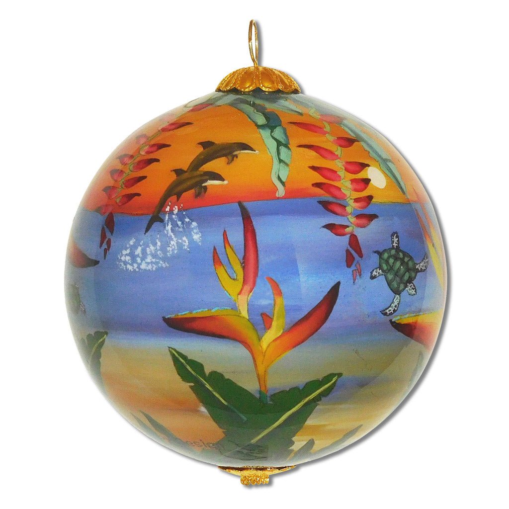 Beautiful Hawaiian Christmas ornament with dolphins, honu sea turtles and Bird of Paradise