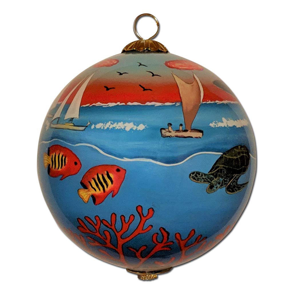 Hawaiian Christmas ornament with hand painted canoe, tropical fish and honu sea turtle