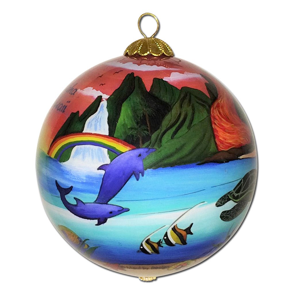 Hand painted Hawaii ornament with Hawaiian volcano and dolphins