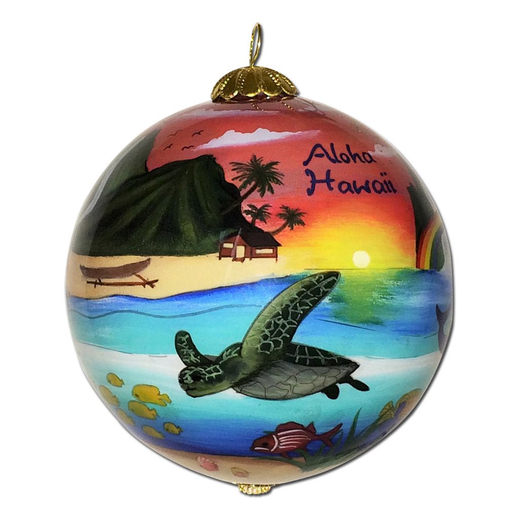 Beautiful Hawaiian Christmas ornament hand painted from the inside with honu sea turtle