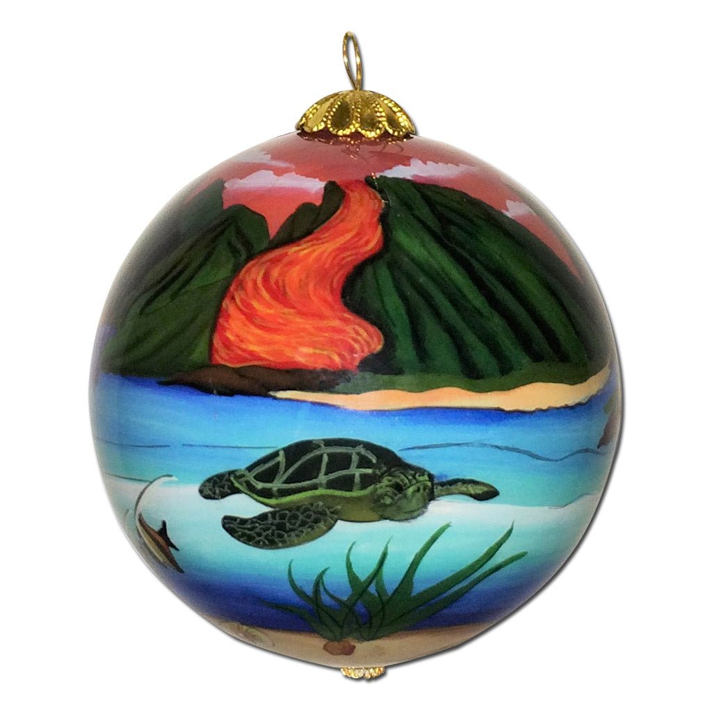Hawaii ornament hand painted on the inside with honu sea turtles and Hawaii volcano