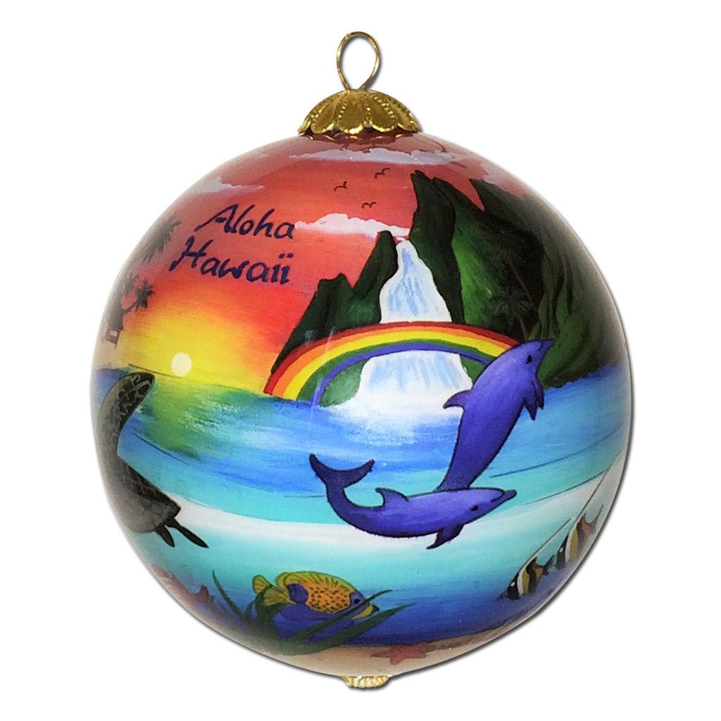 Beautiful Hawaii Christmas ornament with rainbows, dolphins and Hawaiian waterfalls