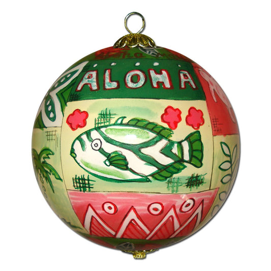 Hawaii ornament with hand painted Hawaiian quilts and tapa art