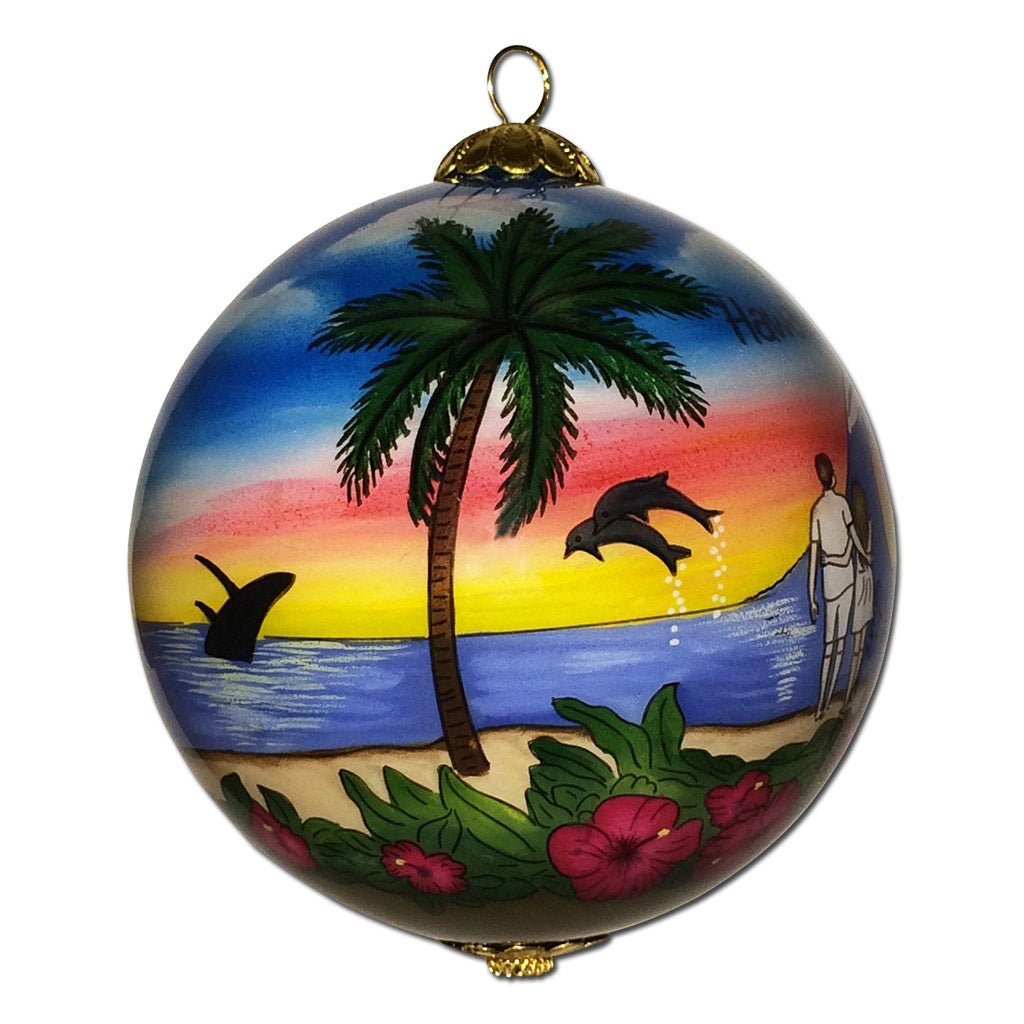 Beautiful Hawaii ornament with couple looking at sunset, dolphins and humpback whale