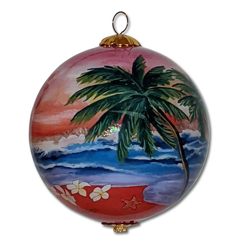 Hand painted Hawaiian ornament with plumeria flowers and palm trees