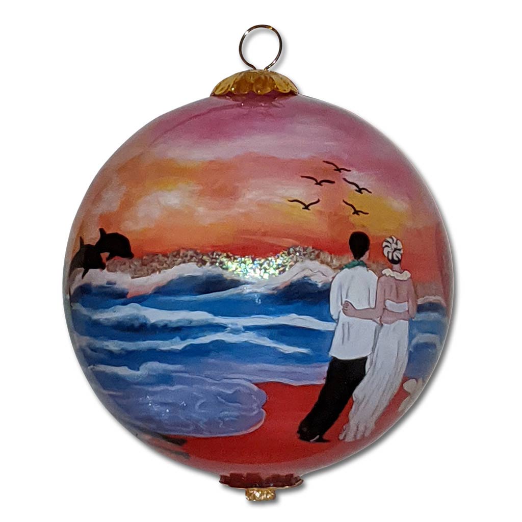 Beautiful Hawaii ornament hand painted with dolphins at sunset