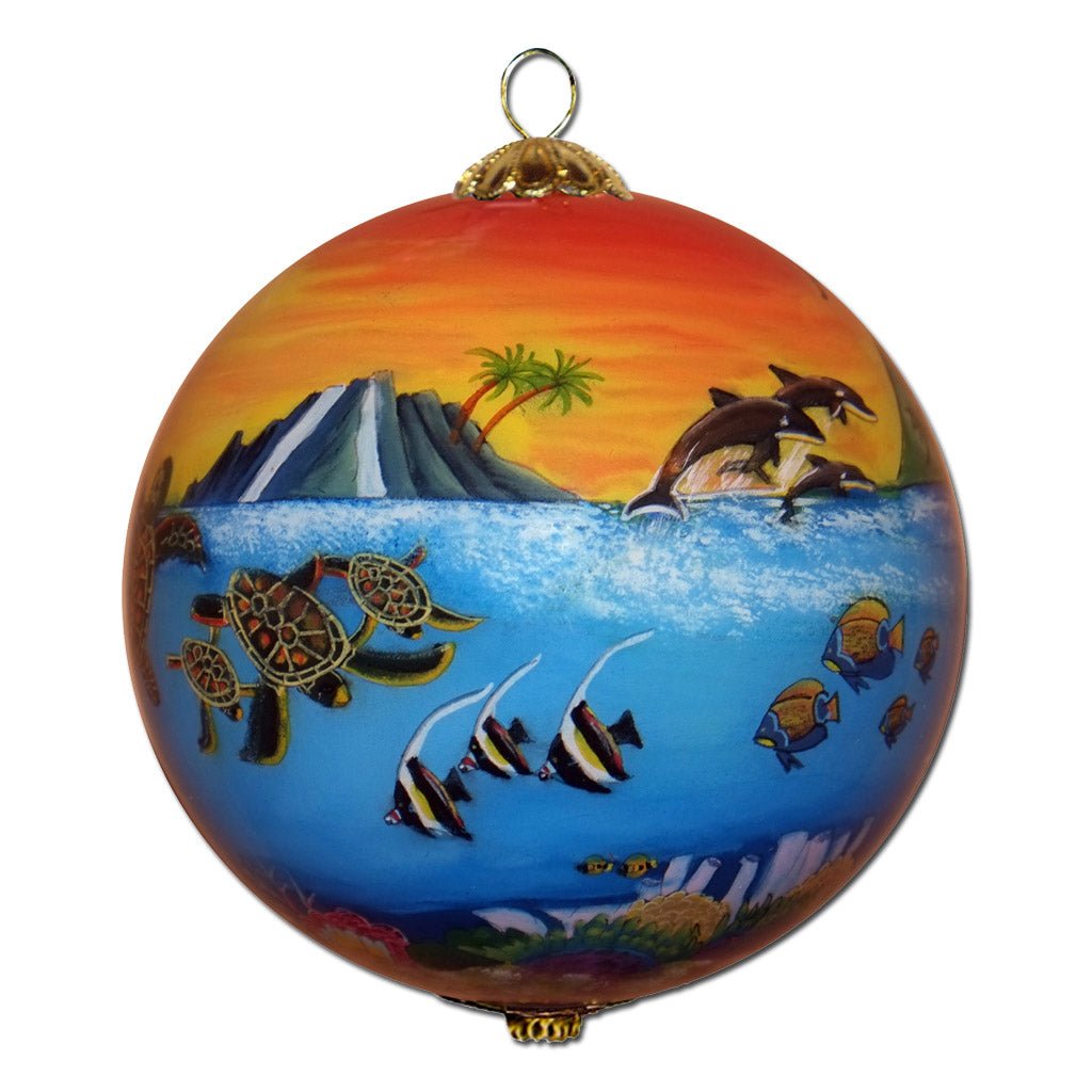 Beautiful hand painted Hawaii Christmas ornament with dolphins, sea turtles, and tropical fish